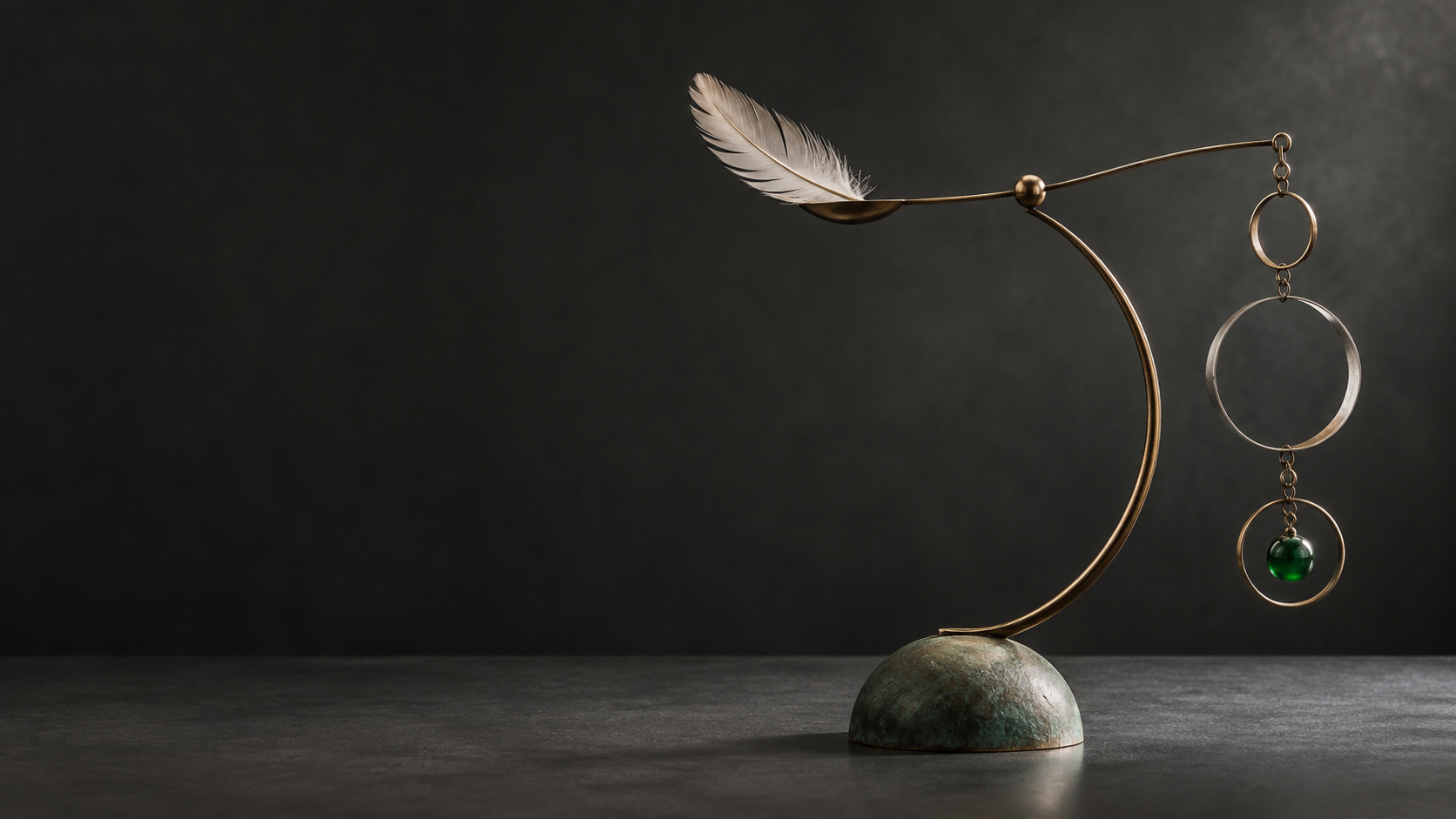 Symbolische Balance-Skulptur mit einer Feder, verbundenen Ringen und einem grünen Glaselement; KI-generierte Darstellung.