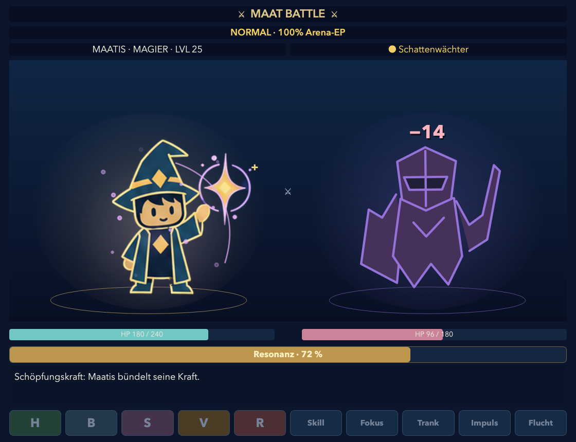 Kampfarena mit Charakterporträts, Lebensbalken, Resonanz und Aktionsbuttons