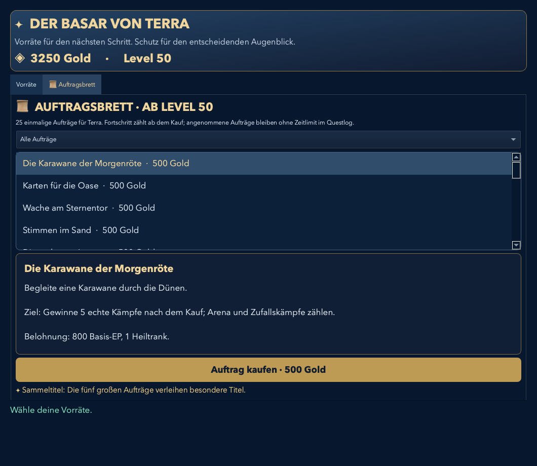 Übersicht kaufbarer Questverträge