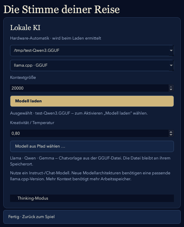 KI-Menü mit Modell- und Ladeeinstellungen