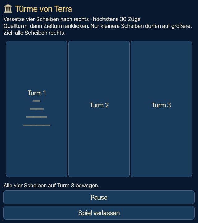 Türme von Terra mit vier Scheiben auf dem ersten Turm