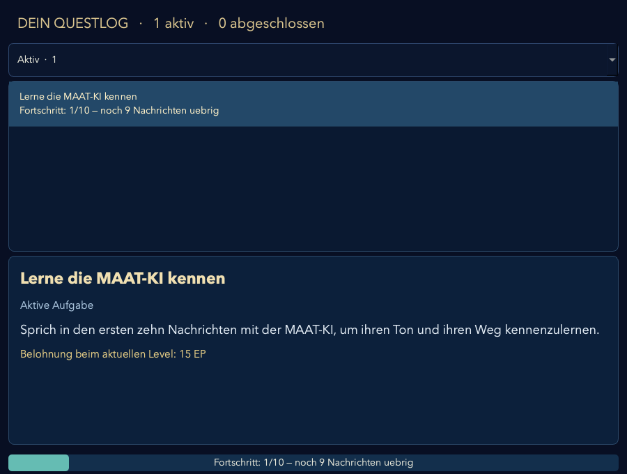 Questlog mit Aufgaben und Fortschritten