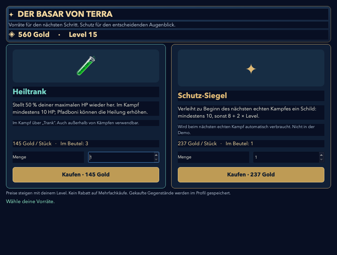 Shop mit Gegenständen gegen Gold