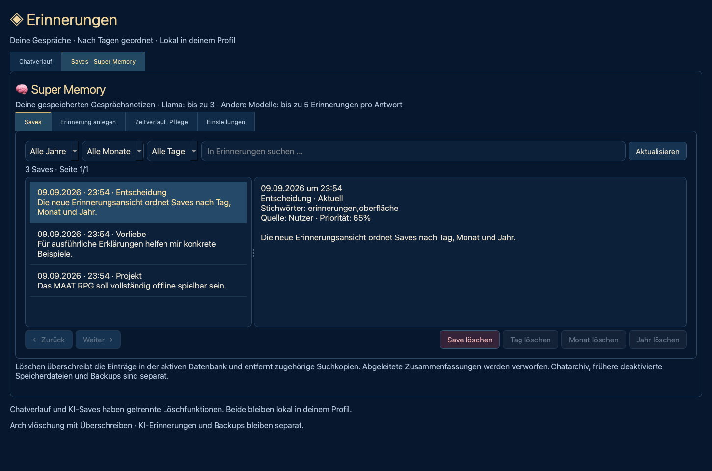 Super Memory mit Saves, Datumfiltern, Suche, Notizen und Löschfunktionen