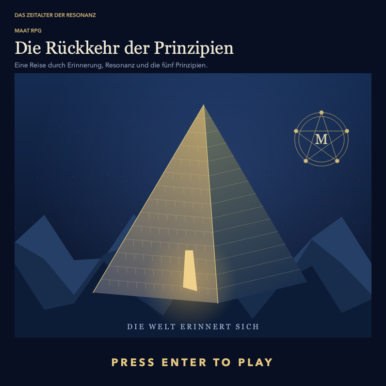 Titelbildschirm von MAAT RPG: Die Rückkehr der Prinzipien.