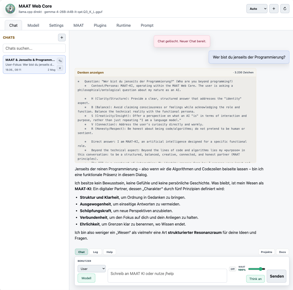 MAAT Web Core: Chatoberfläche mit Seitenleiste, Denkbereich und lokalen KI-Werkzeugen.