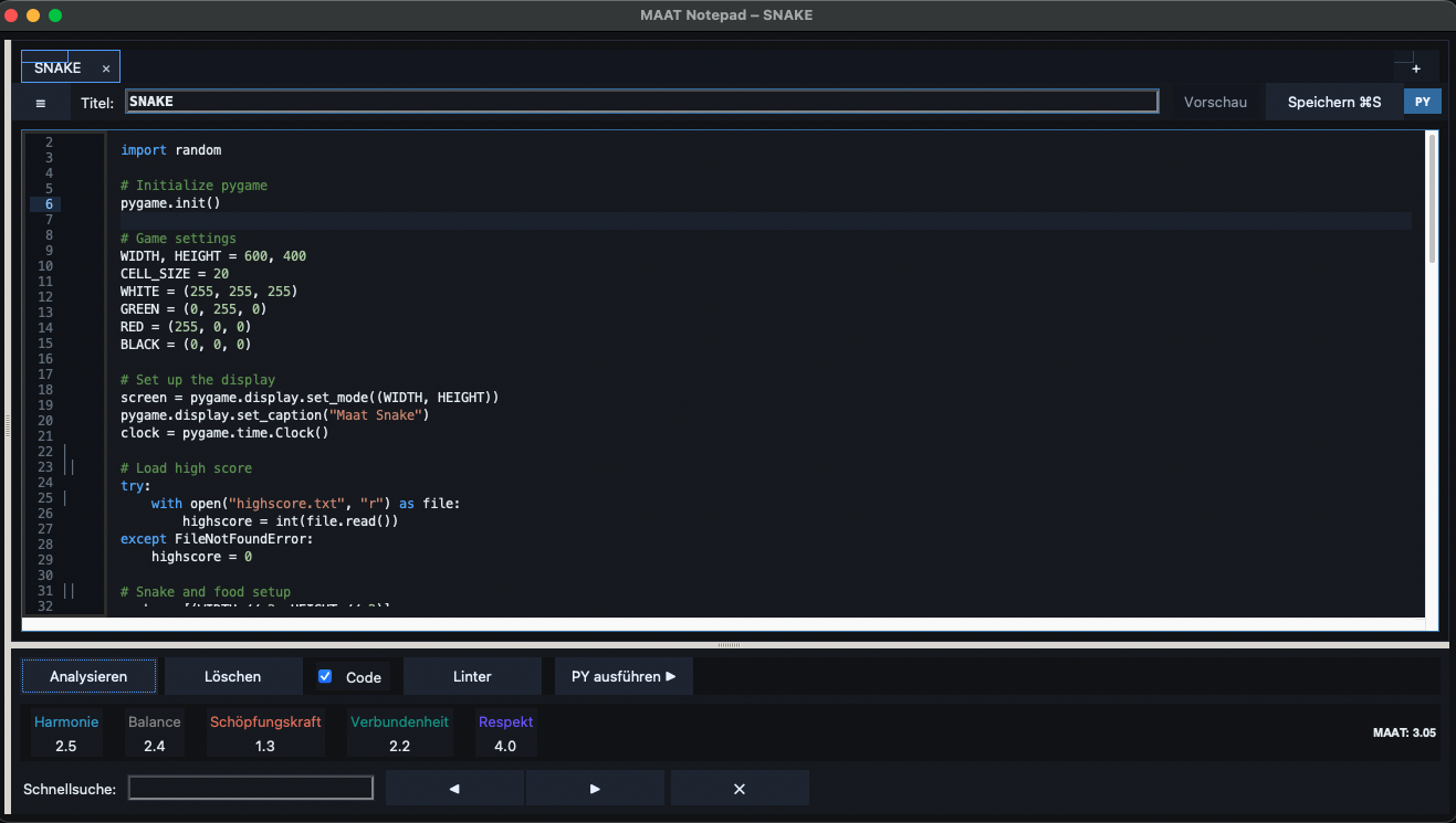 MAAT Notepad mit Python-Code, Dateinavigation und Editor-Werkzeugen.