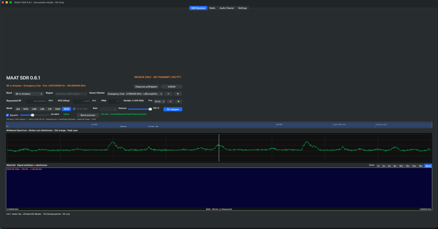 MAAT SDR mit Frequenzabstimmung, Spektrum und Wasserfall.